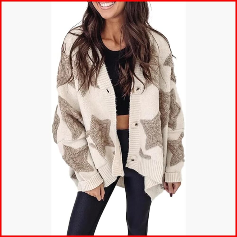 Sherpa Star Pattern Cardigan Sweater with Pockets Oversized Fit